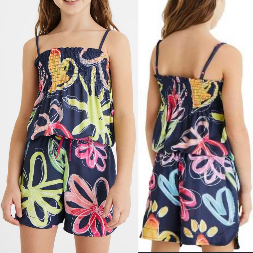 Desigual Romper Kids Girls Multicolor Floral Print Smocked Sleeveless Size 9/10